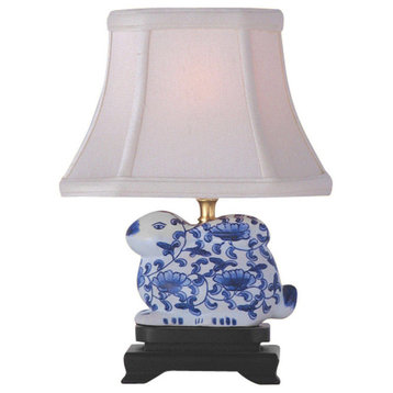 Blue and White Floral Pattern Bunny Figurine Table Lamp 11.5"