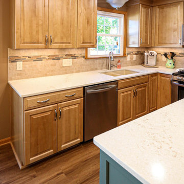 Two Tone Kitchen w/ Eucalyptus Green Island, Beige Quartz Countertops, Wine Bar