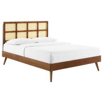 Cane Bed, Woven Rattan Bed, Art Moderne Shoji Platform Bed, Walnut, Queen