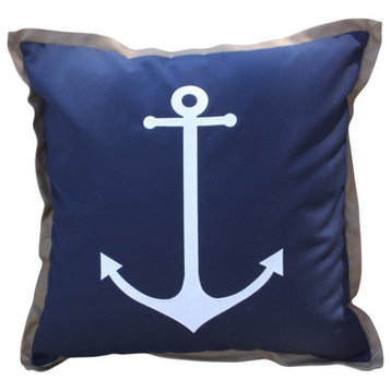Outdoor Navy Pillow With Cocoa Flange Trim and Large Embroidered White Anchor