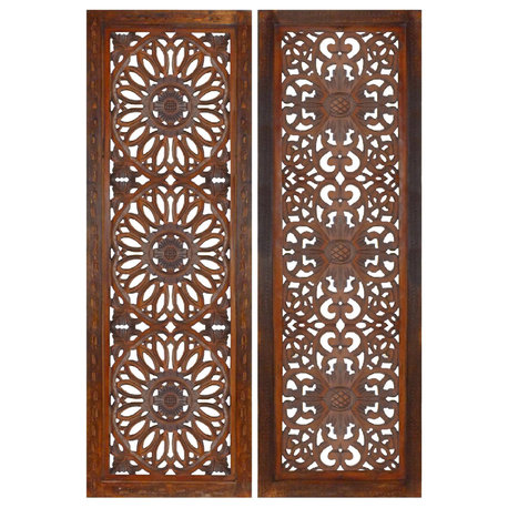 Set of 2 Hand Carved Mango Wood Wall Panels Burnt Brown Medallion Design