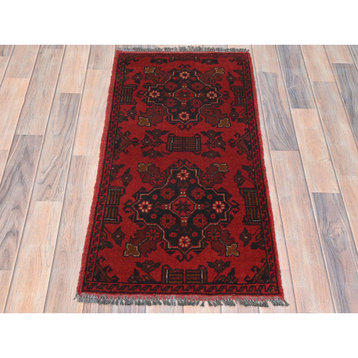 Crimson Red, Afghan Andkhoy, Soft Wool Hand Knotted Oriental Rug, 1'8"x3'5"