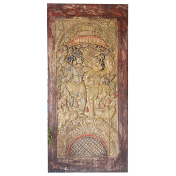 Consigned Vintage Indian Door, Shiva Parvati Wall Sculpture, Sliding Barn Door