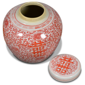Red and White Porcelain Chinese Double Happiness Jar