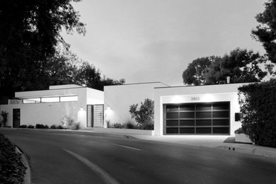 Large trendy white one-story stucco exterior home photo in Los Angeles with a green roof and a white roof