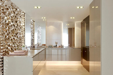 Inspiration for a large modern master double-sink bathroom remodel in Miami with flat-panel cabinets, beige cabinets and a floating vanity