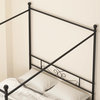 Queen Canopy Bed, Metal Construction With Scrollwork Accent & Finial Pots, Black