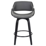 Armen Living - Mona Contemporary 26" Counter Height�Swivel Barstool in Black Brush Wood Finish - Mona Contemporary 26" Counter Height�Swivel Barstool in Black Brush Wood Finish and Grey Faux Leather The Armen Living Mona contemporary swivel barstool features a characteristically modern straight leg design and stylish bucket seat for optimal comfort. The Mona's beautiful frame is constructed from elegant Black Brush wood and complimented by the inclusion of a convenient Black Powder Coat finished ring footrest. The aforementioned bucket seat of the Mona features foam padding and sleek Grey Faux Leather upholstery. The stool's low back offers exceptional lumbar support while the 360 degree swivel action allows for optimal user mobility while seated. The impressive Mona barstool is available in 2 industry standard sizes; 26 inch counter and 30 inch bar height. Also available in walnut wood finish with a chrome finished footrest