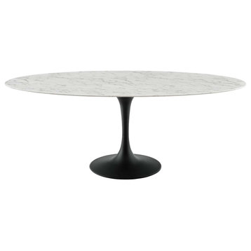 Modern Designer Kitchen Room Oval Dining Table, Stone Metal Steel, Black White