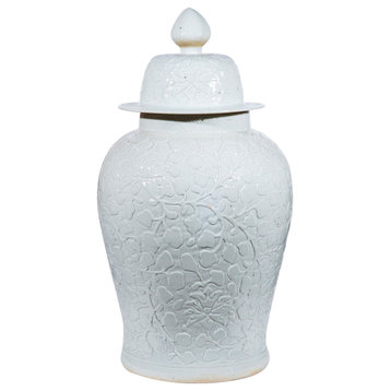 Vintage White Curly Vine Hand-Carved Temple Jar