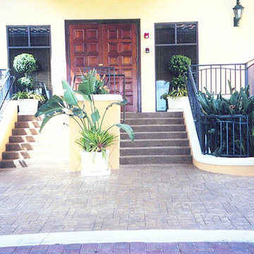 Stamped concrete, and stamped concrete overlays