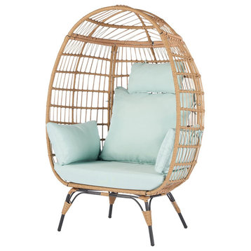 Patio Egg Chair, Water/UV Resistant Open Wicker Frame With Cushions, Blue