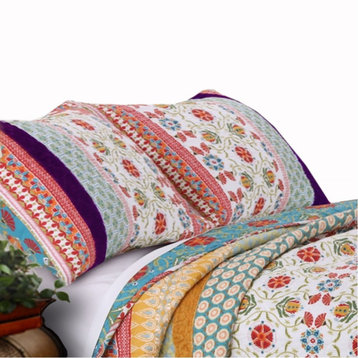 Geometric And Floral Print King Size Quilt Set With 2 Shams, Multicolor