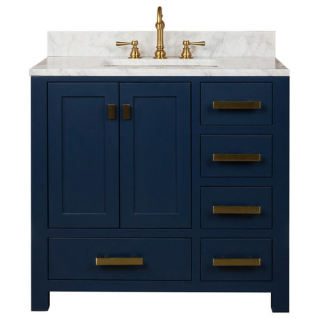Madison 36" Carrara White Marble Vanity, Monarch Blue