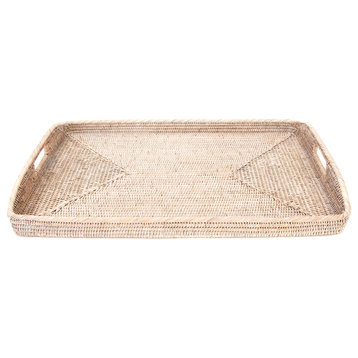 Artifacts Rattan™ Rectangular Serving Ottoman Tray With High Handles, White Wash, 28"x18"