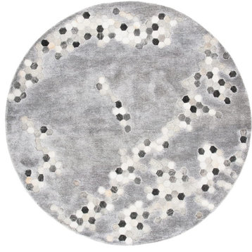 Contemporary Area Rug, Round Design With Texture Patterned Wool, Grey/Ivory