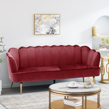 Ohnstad Modern Velvet Channel Stitch 3 Seater Shell Sofa, Berry + Gold