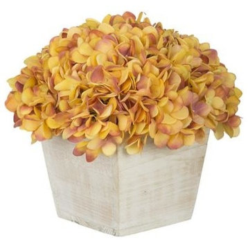 Artificial Gold/Burgundy Hydrangea in White-Washed Wood Cube