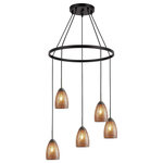 Woodbridge Lighting - Woodbridge Lighting Venezia 5-Light Pendant Chandelier, Bronze, Round, 24"d, Mosaic Amber - The Venezia collection is a series of hanging lights featuring uniquely colored designer glass. With many color options to choose from, this transitional design can blend in many rooms with different colors and themes.   This pendant chandelier hangs 5 tulip shaped mosaic glasses spread around a large metal ring to create a carousel for a contemporary touch.