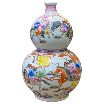 Chinese Oriental White Porcelain Horses Field Graphic Gourd Shape Vase Hws2706