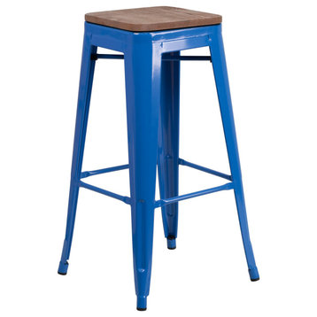 30" Bar Height Blue Metal Dining Stool With Wooden Seat