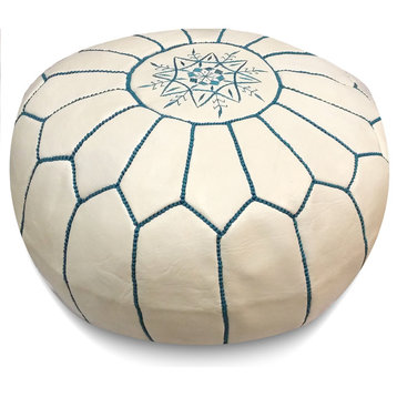 Moroccan Leather Stuffed Pouf, White With Blue Stripes