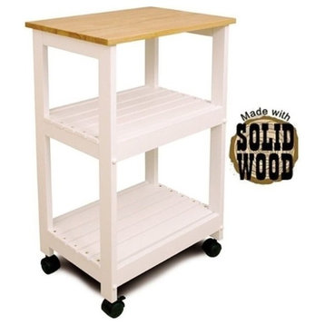 Bowery Hill Wood Microwave Utility Butcher Block Kitchen Cart in White Lacquer