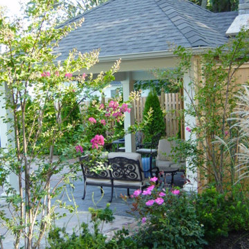 View through flowering shrubs and trees