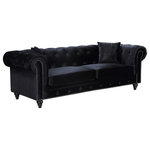 Meridian Furniture USA - Chesterfield Velvet Upholstered Sofa, Black - A furniture classic, this elegant Chesterfield Sofa features rolled arms, a button-tufted back and solid wooden bun feet. The comfortable seat cushions are filled with high-density foam and the piece is upholstered in a plush black velvet fabric. Drawing on a diverse range of furniture and design traditions, Meridian Furniture offers classic pieces with a timeless character. The company relies on expert craftsmanship and fine natural materials to guarantee aesthetically pleasing and long-lasting products.