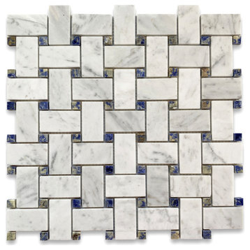 Carrara White Marble Basketweave Mosaic Tile Azul Blue Dots Polished, 1 sheet