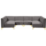 Meridian Furniture - Alina Velvet Modular U-Shaped Sectional, Grey, 6-Piece: 4 Armless Chair, 2 Corner Chair - Bring modern beauty to your space with the addition of this Alina Velvet Modular sectional. This beautiful sectional features deep channel tufting to ramp up its visual interest and add to its resilient demeanor. Its soft grey velvet upholstery blends nicely with existing elements in your room and is sleek to the touch, making this seat a super comfortable one. Part of the modular Alina collection, this sectional has a latch that attaches it to other pieces to create your custom seating arrangement.