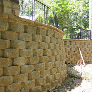 6- 7' Modular retaining wall, wrought iron hand railing, Fieldstone Cap and wate