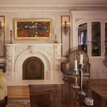 Living Room with Carved Stone Firepace