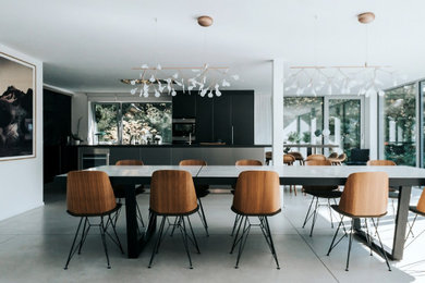 Idée de décoration pour une salle à manger ouverte sur la cuisine design avec un mur blanc, sol en béton ciré, aucune cheminée et un sol gris.