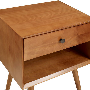 Mid-Century 1 Drawer Solid Wood Nightstand, Caramel