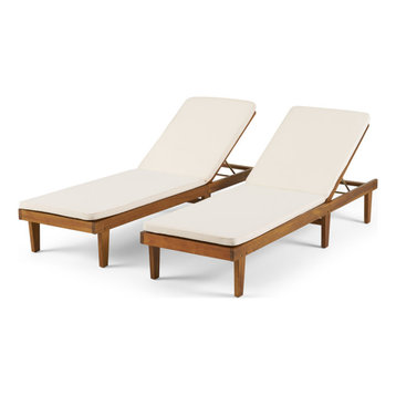 Nancy Oudoor Modern Wood Chaise Lounge With Cushion, Set of 2, Teak/Cream