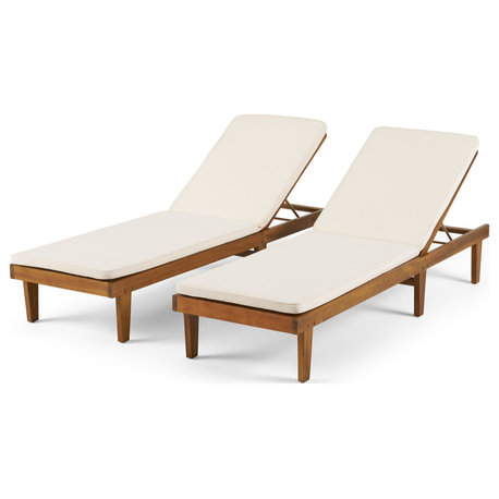 Nancy Oudoor Modern Wood Chaise Lounge With Cushion, Set of 2, Teak/Cream
