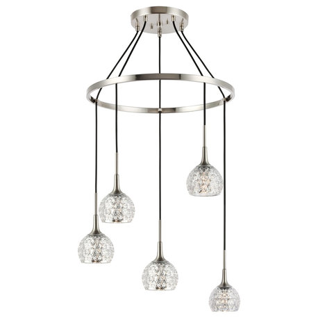 Bristol 5-Light Pendant Chandelier, Satin Nickel, Mercury Crystal, Halogen G9