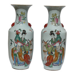 Pair Vintage Chinese Porcelain Oriental Scenery Vases - Vases