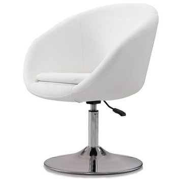 Modern Swivel Accent Chair, Round Metal Base With Faux Leather Upholstery, White