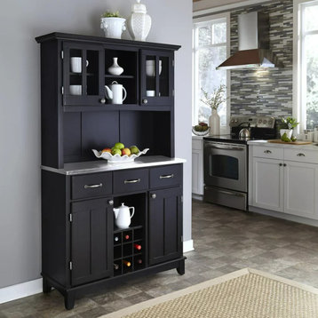 Spacious Buffet Cabinet With Hutch, Grid Wine Rack & Stainless Steel Top, Black