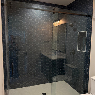 Navy Blue Hexagon Tile Shower | Secondary Bath | Argyle, TX