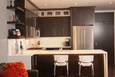 Example of a trendy dark wood floor living room design in Other