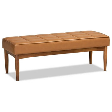 Midcentury Modern Dining Bench, Cushioned Tan Faux Leather Seat, Square Tufting