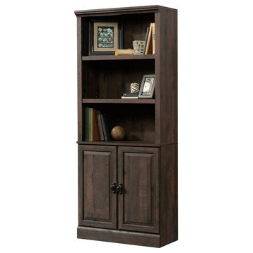 Rustic Bookcase, 3 Adjustable Shelves & Lower 2 Doors Cabinet, Coffee Oak