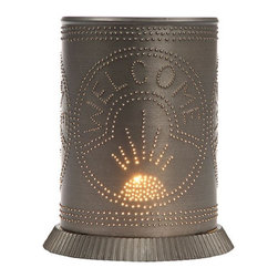 Handmade - Handmade Punched Tin Candle Warmer "Welcome" Accent Light, Kettle Black - Candleholders