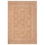 Bareens Designer Rugs - Bohemien Ziegler Ross Brown Tan Hand-Knotted Wool Rug - 6'0'' x 8'11'' - Enhance the ambiance of your home with this magnificent Persian-influenced Turkish hand-knotted rug made by skilled artisans capable of creating the most exceptional vegetable dyes and hand-spun wool. This exquisite handmade rug is a one-of-a-kind Peshawar Kafkaz, otherwise identified as Chobi, Chobi Peshawar, Oushak, or Ziegler rug. These handmade rugs are crafted in Pakistan utilizing superior-quality wool imported from Australia, New Zealand, and Korea in two types of weaves: the Persian weave and the Mori weave. This rug is meticulously crafted by hand using the finest natural vegetable dyes extracted from local plants. The artisans use a blend of hand-spun local and fine merino wool, resulting in a rug with a compelling texture, higher lanolin content, and longer staple. The artisans occasionally incorporate natural or artificial silk into the pile to enhance specific motifs. The finished product is an awe-inspiring execution of flawless design and an understated palette that exudes elegance.