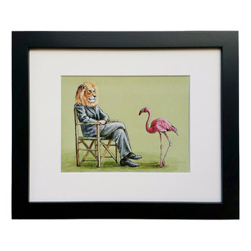 Shrimp Critic - Animal Illustration Framed Art Print - Lion and Pink Flamingo