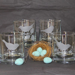 Set of 4 Hand Etched Bird juice glasses - Everyday Glasses