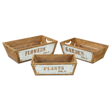 Set Of 3 Tapered Wood Storage With Galvanized Cutout Accent
